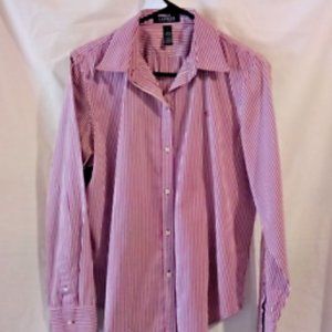 Ralph Lauren Monogramed Button Shirt Burgundy Stripe 100% Cotton - Large